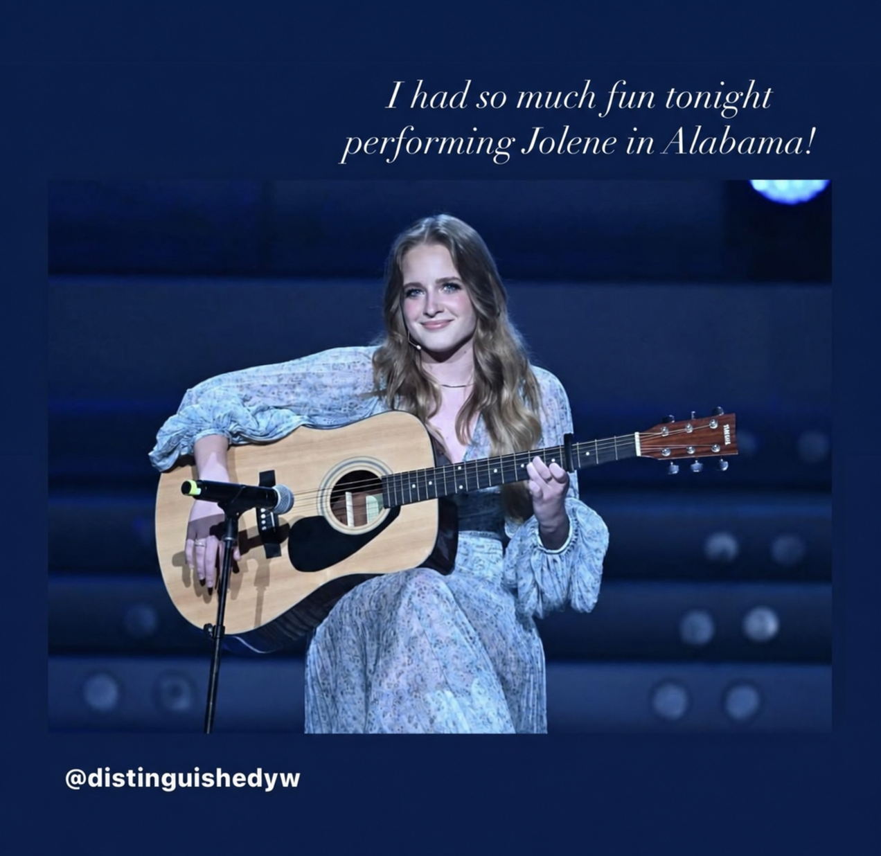 Sydney Ohlemann performing Jolene on guitar, with her message about performing in Alabama and attribution to Distinguished Young Women